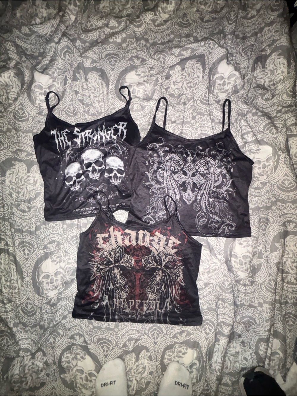 Black Graphic Skull & Gothic Print Camis Tanks (Set of 3)